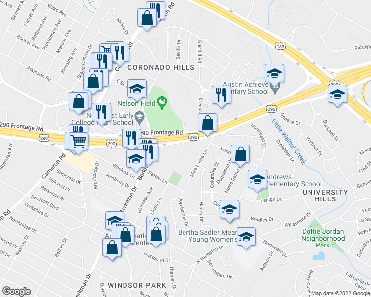 map of restaurants, bars, coffee shops, grocery stores, and more near 6921 Enterprise Court in Austin