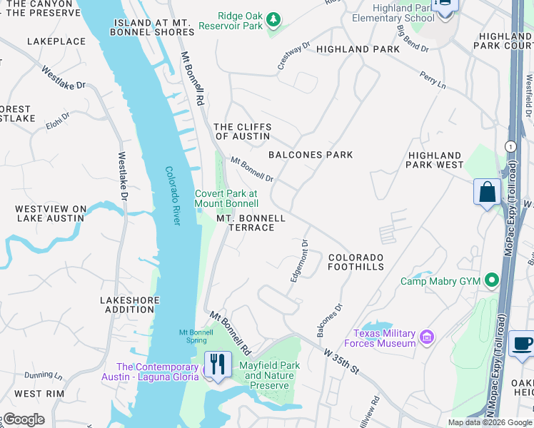 map of restaurants, bars, coffee shops, grocery stores, and more near 3501 Winsome Court in Austin