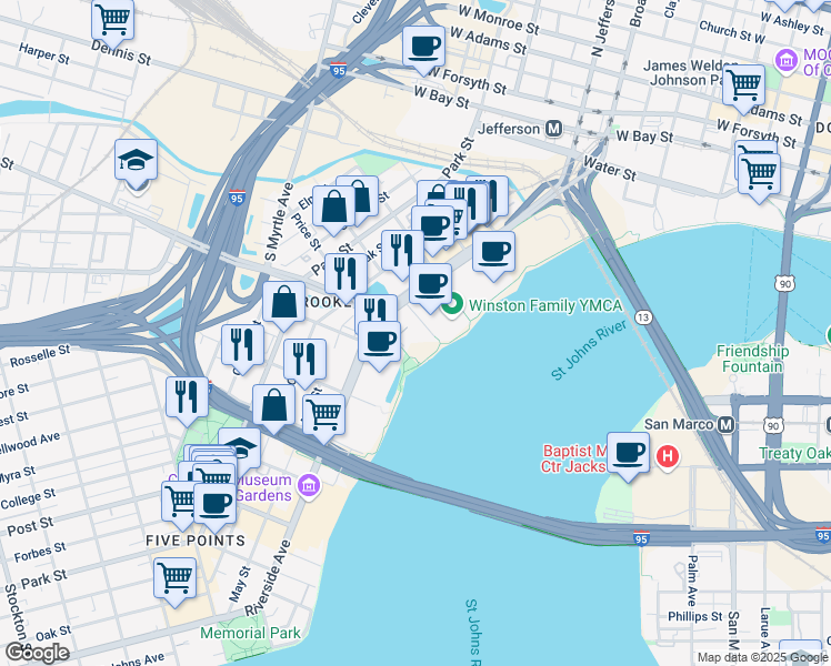 map of restaurants, bars, coffee shops, grocery stores, and more near 323 Riverside Avenue in Jacksonville