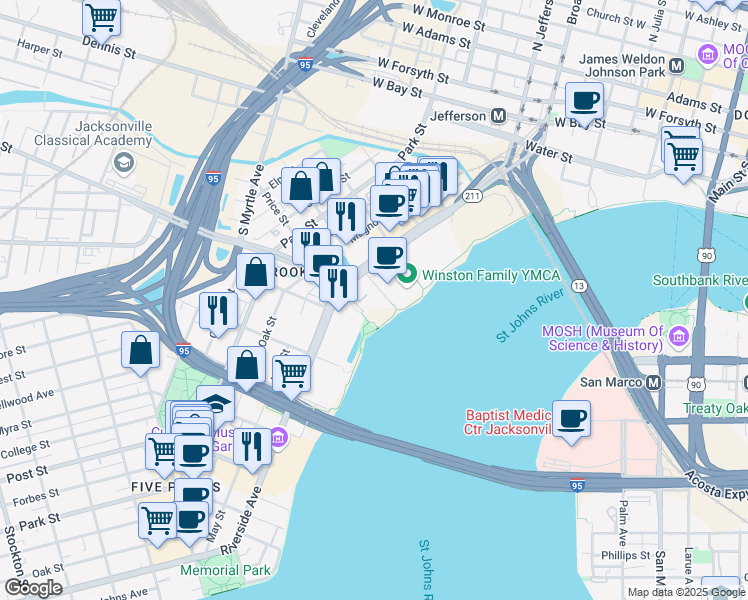 map of restaurants, bars, coffee shops, grocery stores, and more near 323 Riverside Avenue in Jacksonville