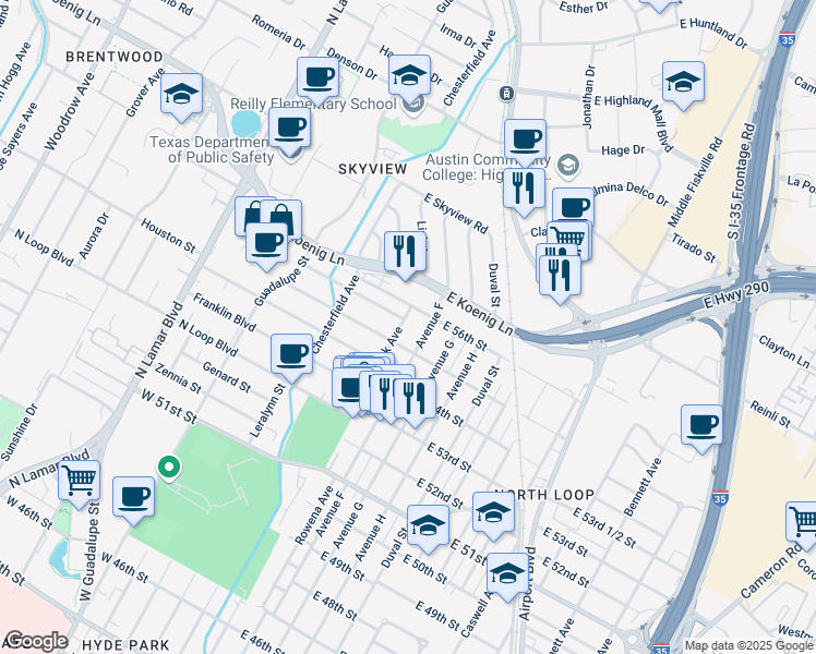 map of restaurants, bars, coffee shops, grocery stores, and more near 103 West 55th 1/2 Street in Austin
