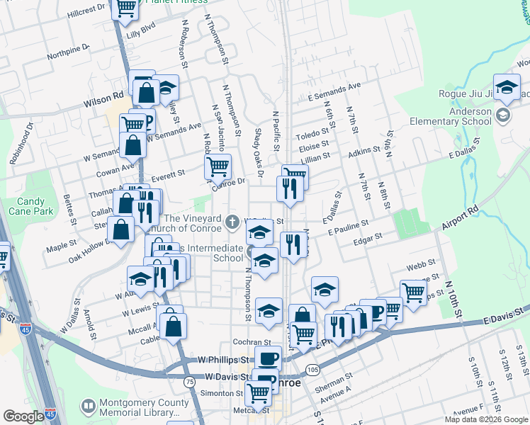 map of restaurants, bars, coffee shops, grocery stores, and more near 204 West Dallas Street in Conroe