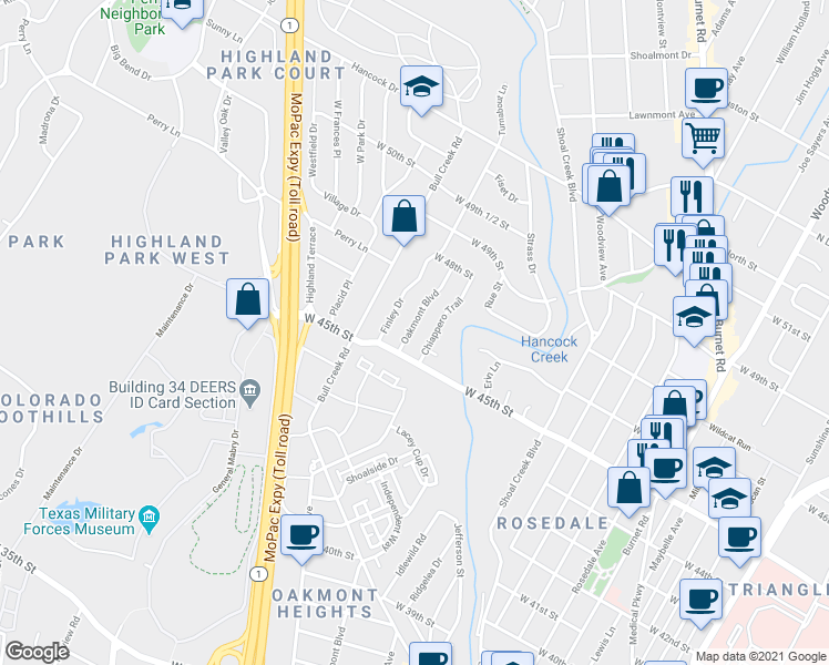 map of restaurants, bars, coffee shops, grocery stores, and more near 4509 Oakmont Boulevard in Austin