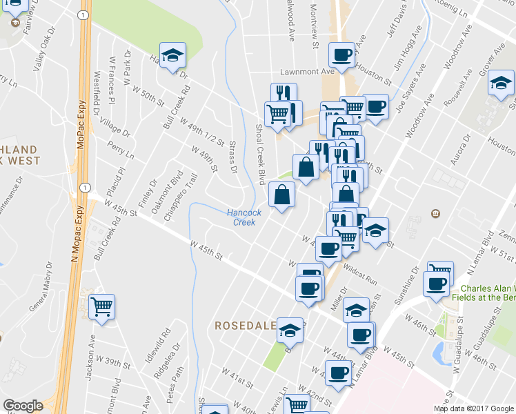map of restaurants, bars, coffee shops, grocery stores, and more near 4705 Hilwin Circle in Austin
