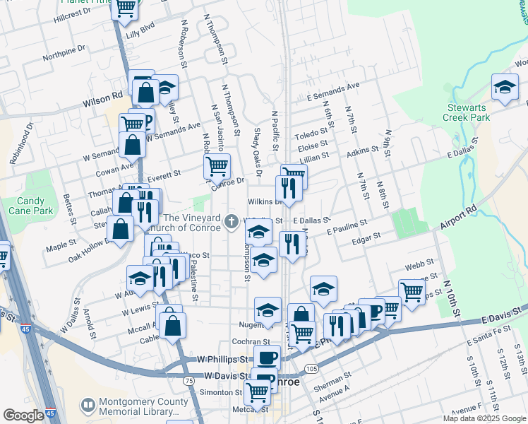 map of restaurants, bars, coffee shops, grocery stores, and more near 204 West Dallas Street in Conroe