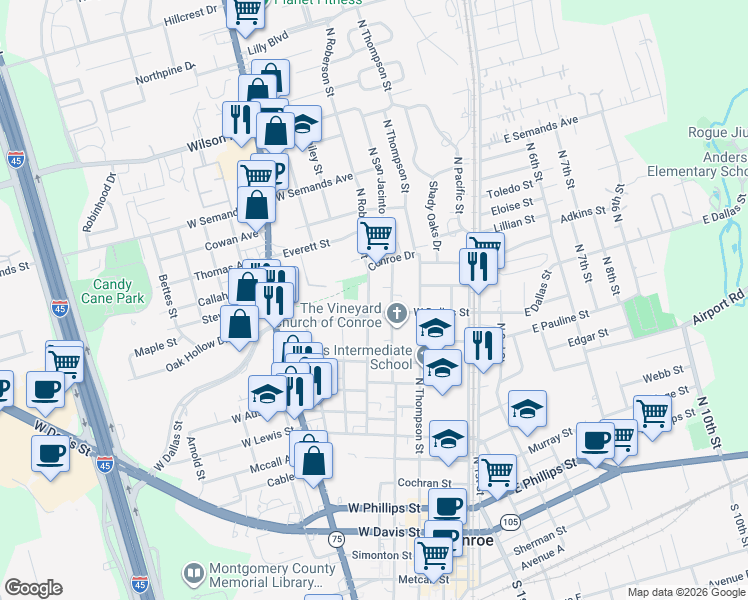 map of restaurants, bars, coffee shops, grocery stores, and more near 1212 North Roberson Street in Conroe