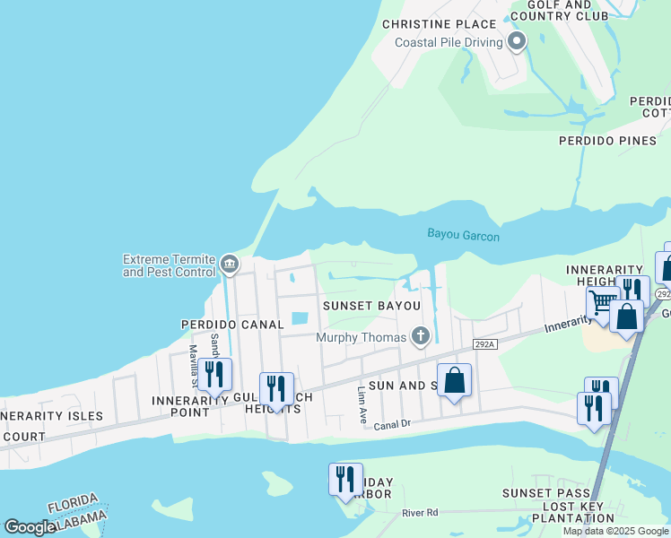 map of restaurants, bars, coffee shops, grocery stores, and more near 14161 Gorham Road in Pensacola