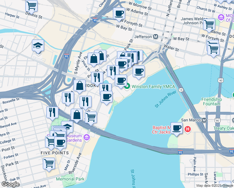 map of restaurants, bars, coffee shops, grocery stores, and more near 557 Forest Street in Jacksonville