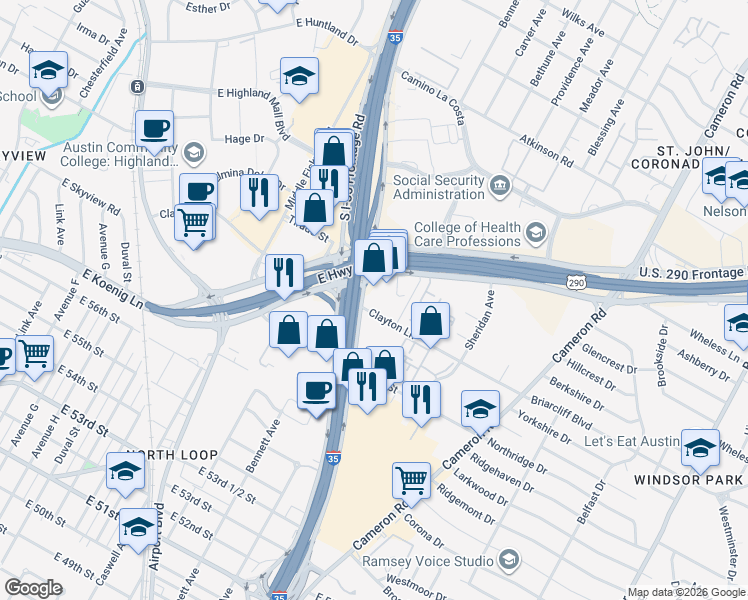 map of restaurants, bars, coffee shops, grocery stores, and more near 6037 North Interstate 35 Frontage Road in Austin