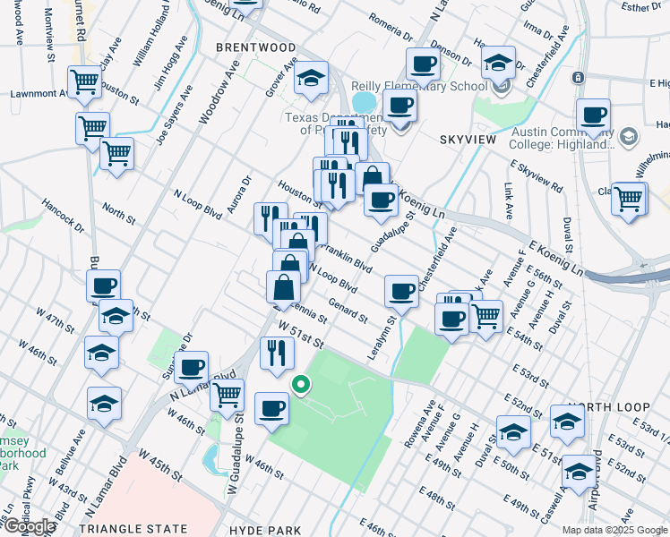 map of restaurants, bars, coffee shops, grocery stores, and more near 616 West North Loop Boulevard in Austin