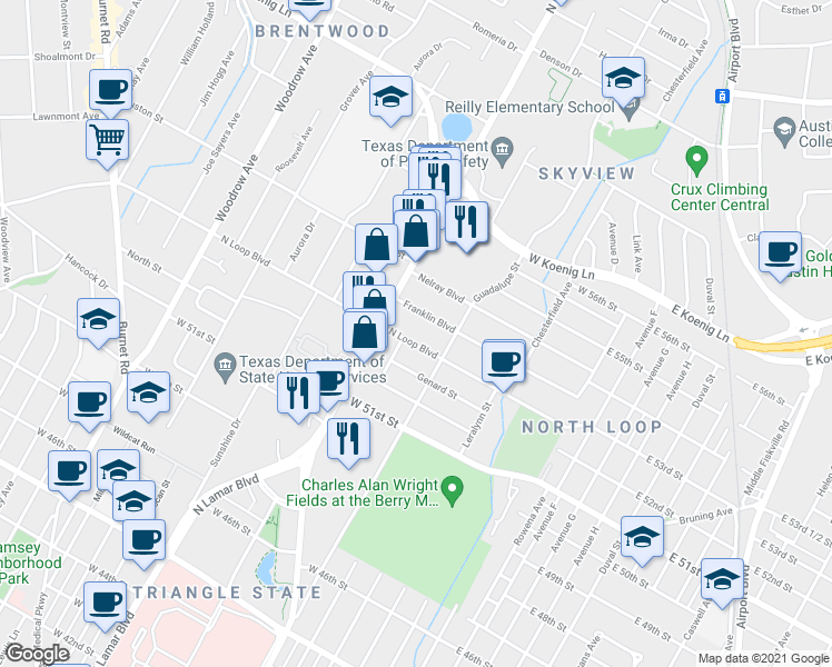 map of restaurants, bars, coffee shops, grocery stores, and more near 616 West North Loop Boulevard in Austin