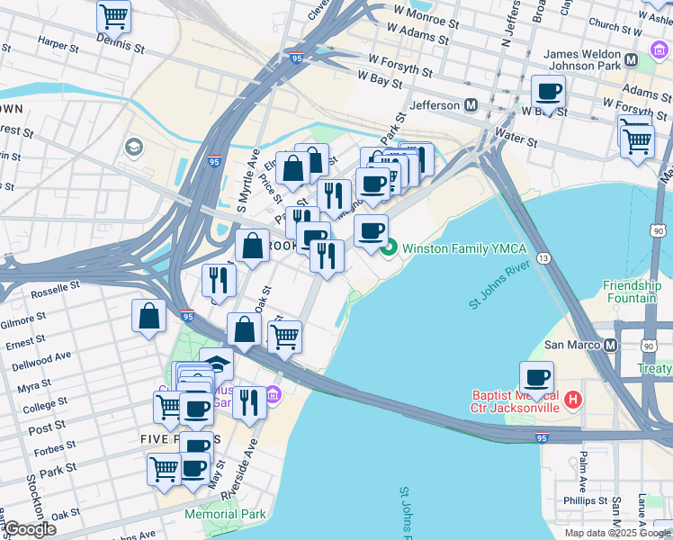 map of restaurants, bars, coffee shops, grocery stores, and more near 557 Forest Street in Jacksonville