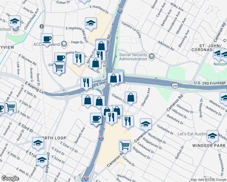 map of restaurants, bars, coffee shops, grocery stores, and more near 6007 Interstate 35 in Austin