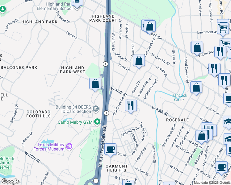 map of restaurants, bars, coffee shops, grocery stores, and more near 2903 West 45th Street in Austin