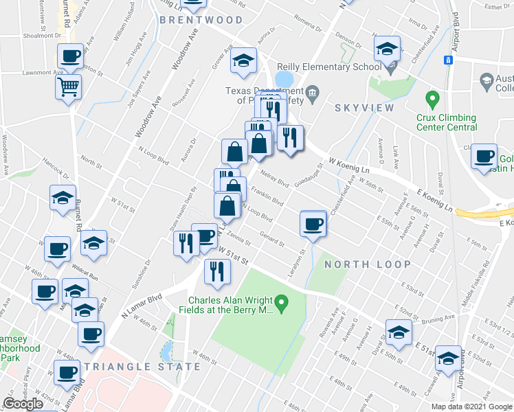 map of restaurants, bars, coffee shops, grocery stores, and more near 620 West North Loop Boulevard in Austin