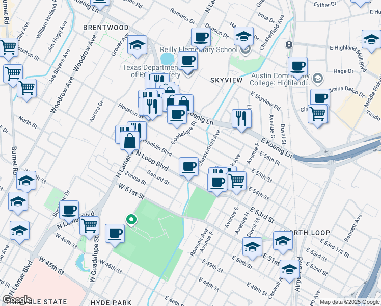 map of restaurants, bars, coffee shops, grocery stores, and more near 407 Nelray Boulevard in Austin