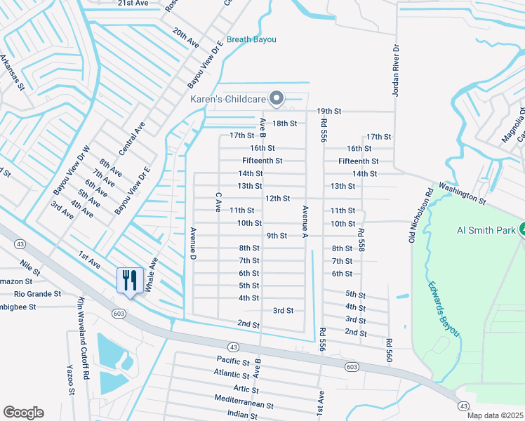 map of restaurants, bars, coffee shops, grocery stores, and more near 11th Street in Bay St. Louis