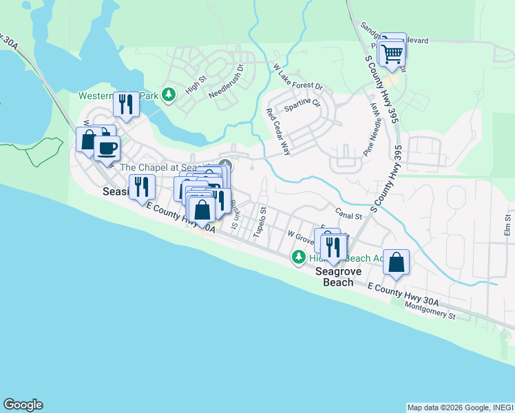 map of restaurants, bars, coffee shops, grocery stores, and more near 144 Savannah Street in Santa Rosa Beach