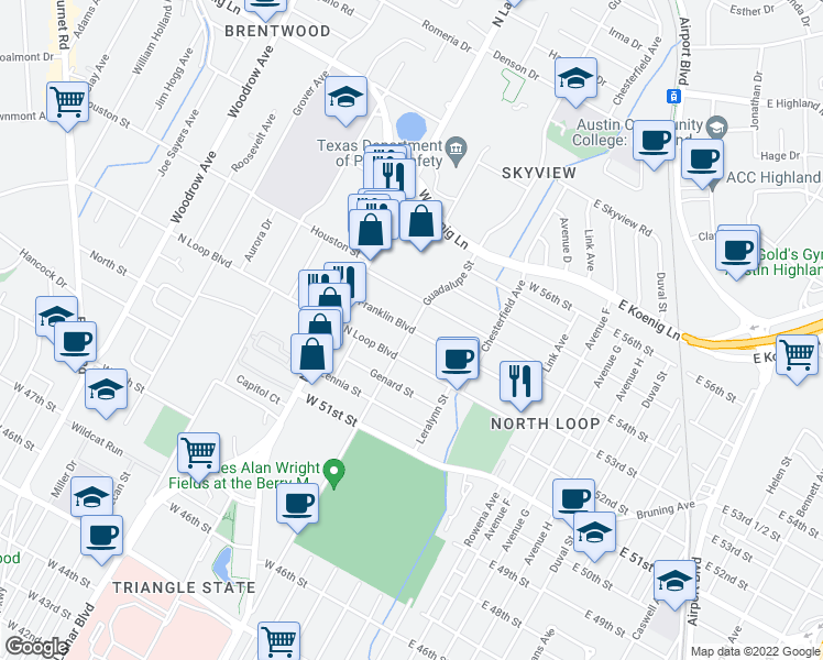 map of restaurants, bars, coffee shops, grocery stores, and more near Guadalupe Street & Franklin Boulevard in Austin