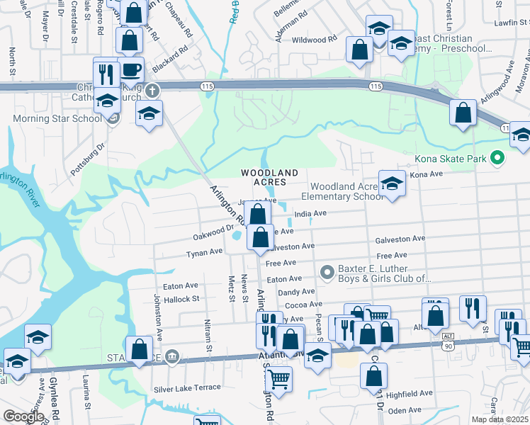 map of restaurants, bars, coffee shops, grocery stores, and more near 7519 India Avenue in Jacksonville