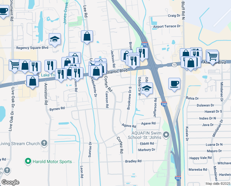 map of restaurants, bars, coffee shops, grocery stores, and more near 1725 Cortez Road in Jacksonville