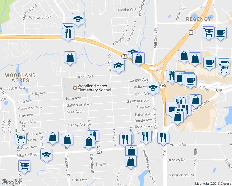 map of restaurants, bars, coffee shops, grocery stores, and more near 8719 Hare Ave in Jacksonville