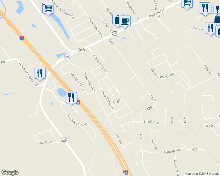 map of restaurants, bars, coffee shops, grocery stores, and more near 18157 River Birch Drive in Prairieville