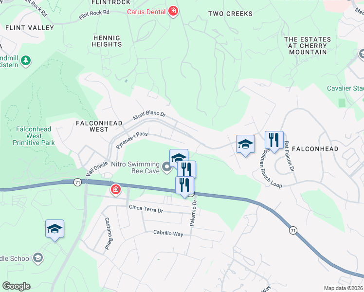 map of restaurants, bars, coffee shops, grocery stores, and more near 4509 Pyrenees Pass in Bee Cave
