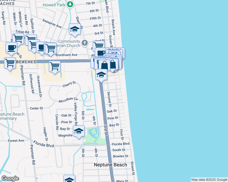 map of restaurants, bars, coffee shops, grocery stores, and more near 205 Walnut Street in Neptune Beach