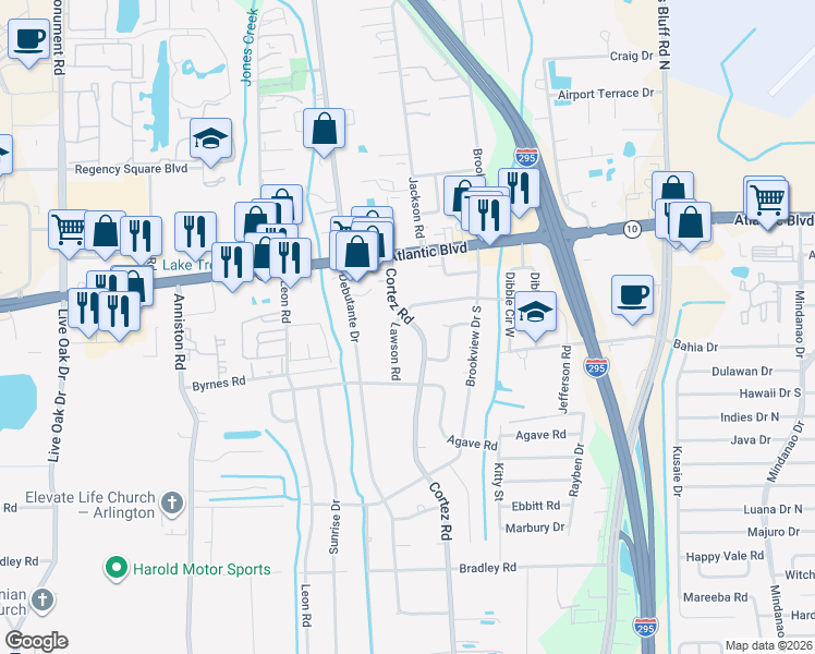 map of restaurants, bars, coffee shops, grocery stores, and more near 1714 Lawson Road in Jacksonville