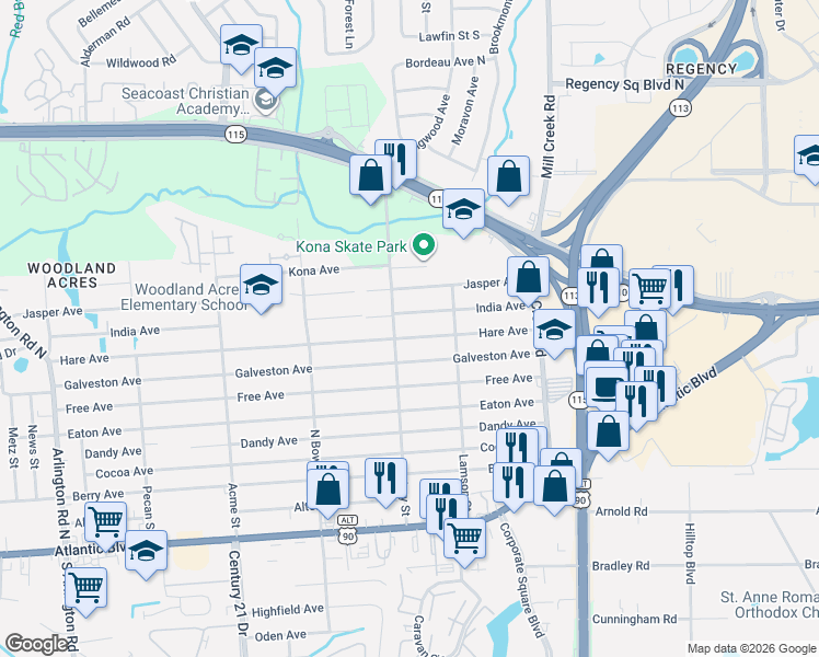 map of restaurants, bars, coffee shops, grocery stores, and more near 8719 Hare Avenue in Jacksonville