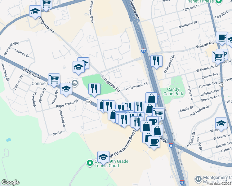 map of restaurants, bars, coffee shops, grocery stores, and more near 409 Longmire Road in Conroe