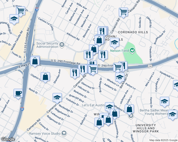map of restaurants, bars, coffee shops, grocery stores, and more near 7103 U.S. 290 in Austin
