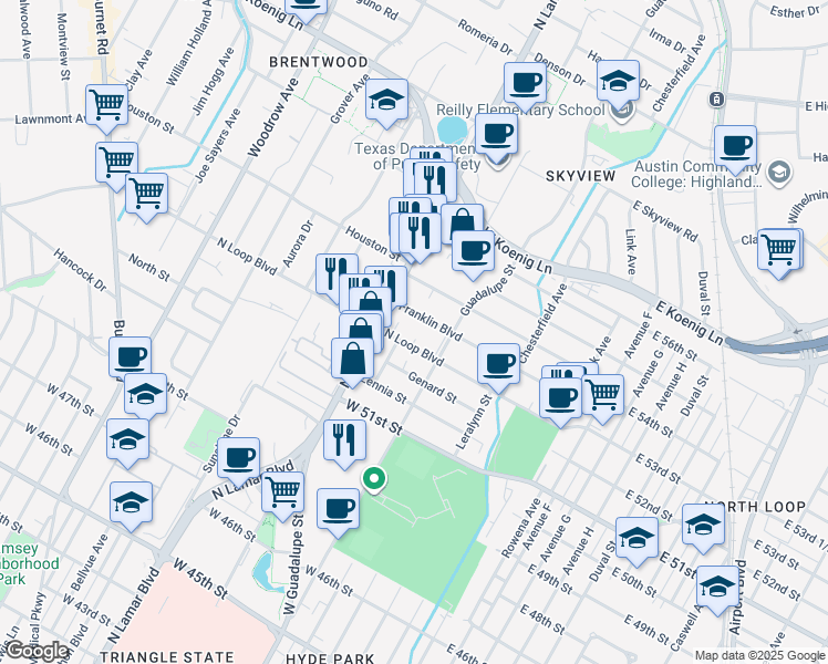map of restaurants, bars, coffee shops, grocery stores, and more near 616 West North Loop Boulevard in Austin