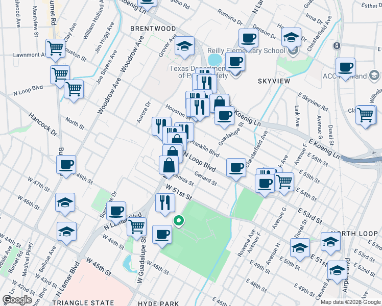 map of restaurants, bars, coffee shops, grocery stores, and more near 616 West North Loop Boulevard in Austin