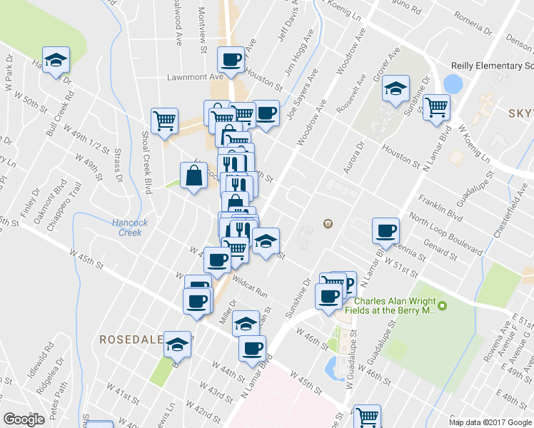 map of restaurants, bars, coffee shops, grocery stores, and more near 5006 Lynndale Drive in Austin
