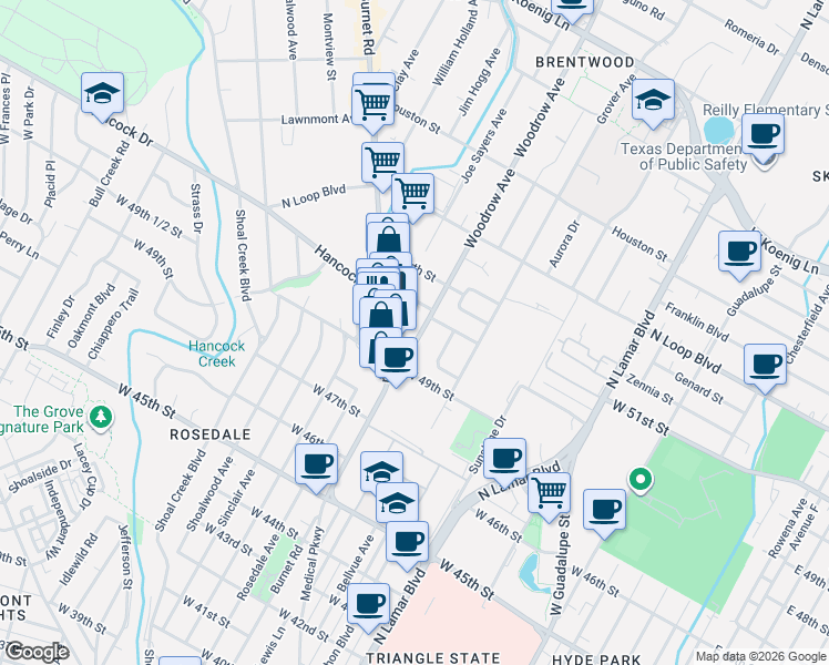 map of restaurants, bars, coffee shops, grocery stores, and more near 4914 Woodrow Avenue in Austin