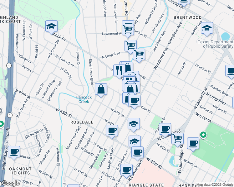 map of restaurants, bars, coffee shops, grocery stores, and more near 2205 West 49th Street in Austin