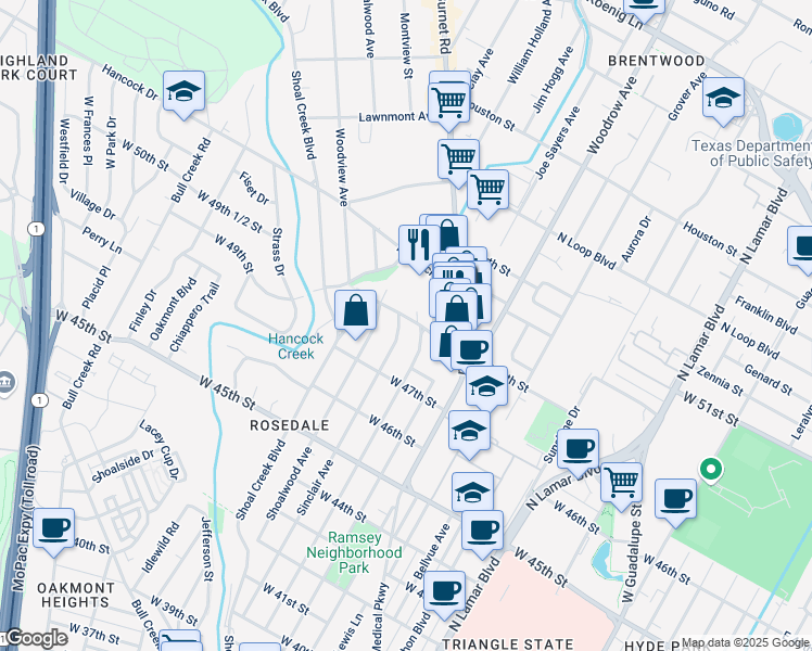 map of restaurants, bars, coffee shops, grocery stores, and more near 2205 West 49th Street in Austin