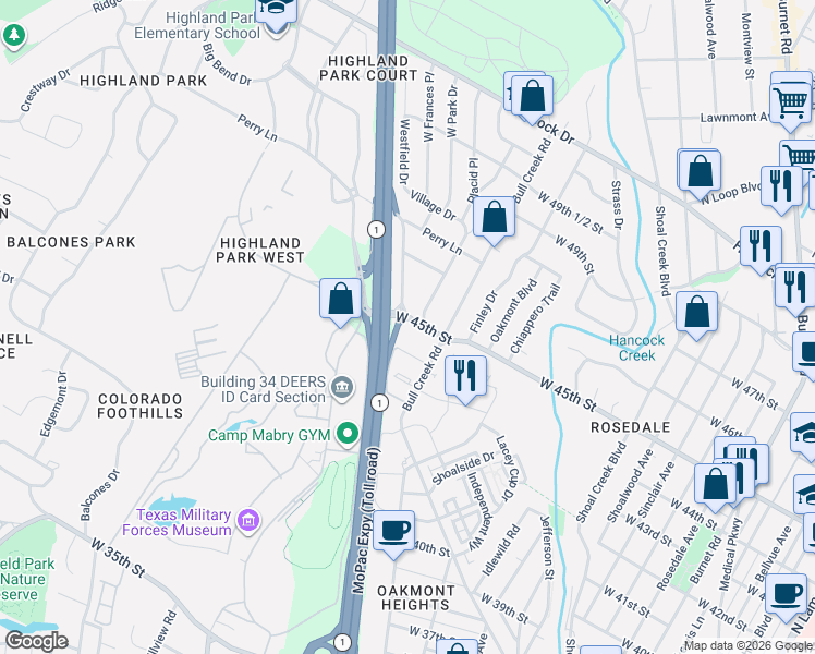 map of restaurants, bars, coffee shops, grocery stores, and more near 2903 West 45th Street in Austin