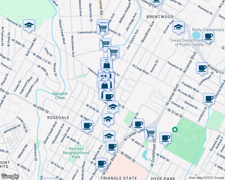 map of restaurants, bars, coffee shops, grocery stores, and more near 4914 Woodrow Avenue in Austin
