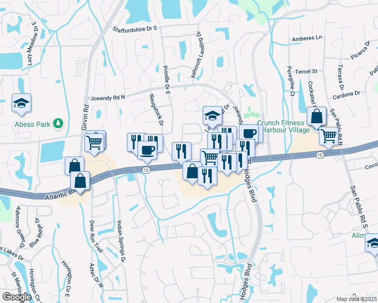 map of restaurants, bars, coffee shops, grocery stores, and more near 13119 Professional Drive in Jacksonville
