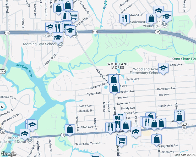 map of restaurants, bars, coffee shops, grocery stores, and more near 7242 Arlet Drive in Jacksonville