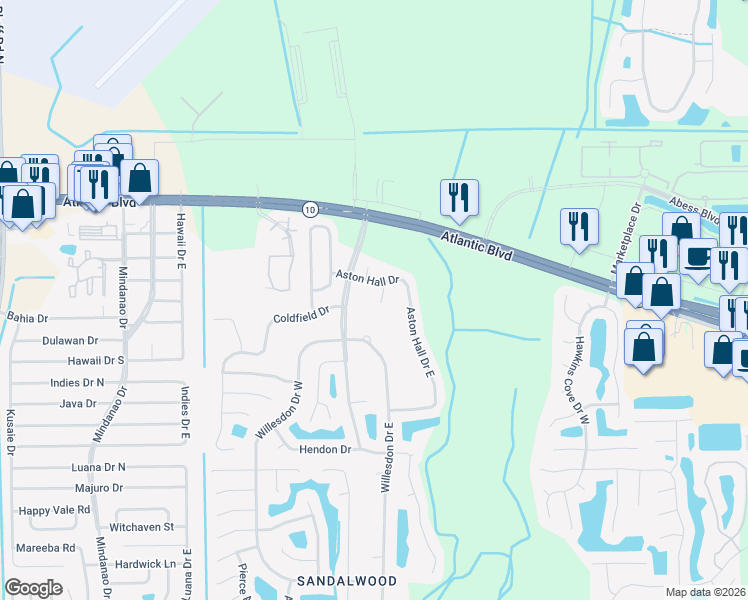 map of restaurants, bars, coffee shops, grocery stores, and more near 1690 Aston Hall Ct in Jacksonville