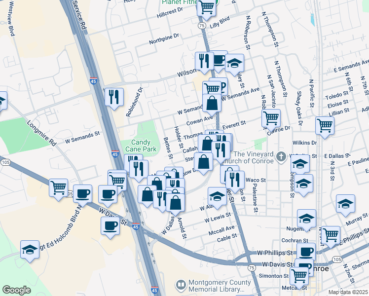 map of restaurants, bars, coffee shops, grocery stores, and more near 1006 Callahan Avenue in Conroe