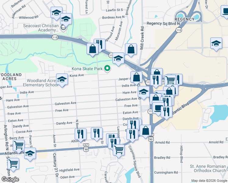 map of restaurants, bars, coffee shops, grocery stores, and more near 8839 Hare Avenue in Jacksonville