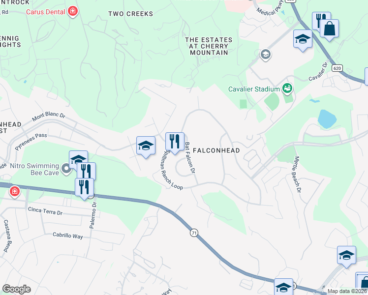 map of restaurants, bars, coffee shops, grocery stores, and more near 4404 Bat Falcon Drive in Austin