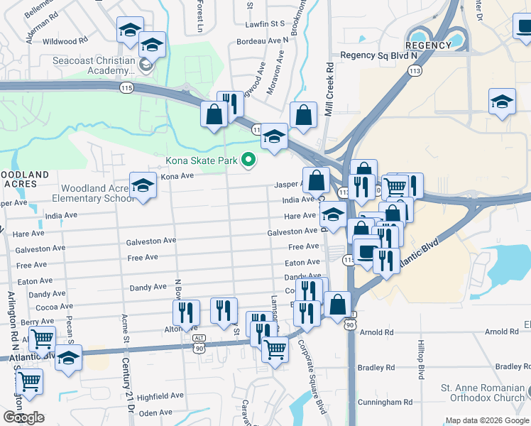 map of restaurants, bars, coffee shops, grocery stores, and more near 8839 Hare Avenue in Jacksonville