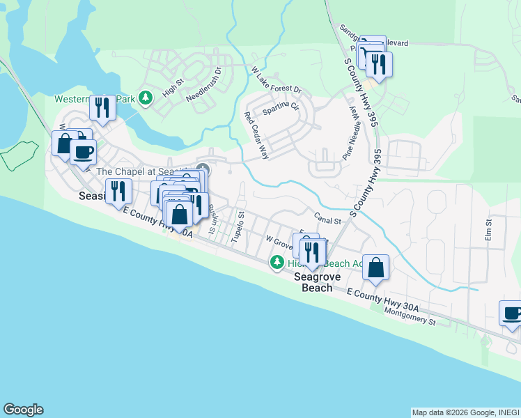 map of restaurants, bars, coffee shops, grocery stores, and more near 310 Forest Street in Santa Rosa Beach