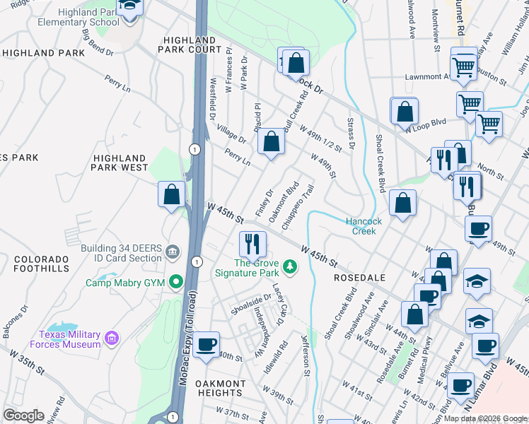map of restaurants, bars, coffee shops, grocery stores, and more near 4507 Finley Drive in Austin